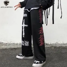 Tracki męskie Aolamegs Gothic Pants Men Japońskie swobodne spodnie dresowe graffiti anime punkowy hipis szeroka noga spoda harajuku high streetwear 220926