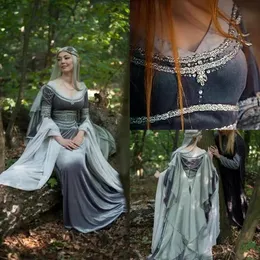 Vintage ortaçağ gelinlik romantik a-line fantezi elf elbisesi peri uzun kollu korse gotik gelin elbiseler gümüş gri kadife maskeli yapı hollywood robe