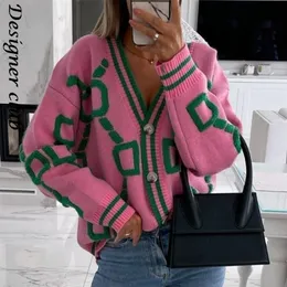 Camisolas femininas Mulheres Cardigan Green listrado botão de malha rosa Lady Cardigans Sweaters Vneck Casual Casual Casual Moda de malha 220923