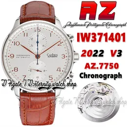 AZF V3 ZF371401 A7750 Automatyczne chronografie MENS Watch White Diar Dibe Mandery Paskuny Brązowy Pasek skórzany 2022 Super Edition Stopwatch Eternity Watches