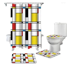 Duschvorhänge, geometrisches Rechteck, mehrfarbig, Badezimmer-Vorhang-Set, Badematten-Sets mit Haken, rutschfester WC-Vorleger