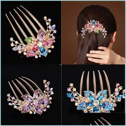 Clip per capelli Barrettes Intarsio Rhinestone Capelli Combustille Gioielli Donne Fiore Lega di moda a forma di fiori Combini a cinque denti Hairpin Versa Dhdpa