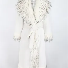 여성 재킷 nerazzurri 겨울 겨울 긴 흰색 두꺼운 따뜻한 고급스러운 고급스러운 가조 가자 모피 코트 여우 모피 트림 새시 유럽 패션 220926