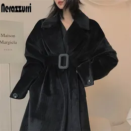 Womens Fur Faux Nerazzurri Winter Oversized Long Black Coat Women Belt Sleeve Loose Warm Korean Fashion Fake Mink Trench 220927