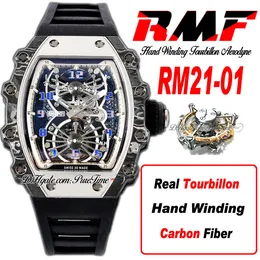 21-01 Real Tourbillon Aerodyne Hand Winding Mens Watch RMF Steel Carbon Fiber Case Skeleton Dial Black Rubber Strap Super Edition A1