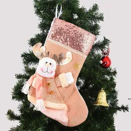 Decoraciones de Navidad regalo de oro rosa calcetines rosa para niños Favor Santa Claus Xmas Elk Snowman Bag Tree Decor Children Gift Christmas JNB15778