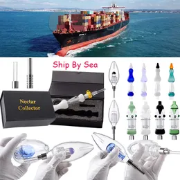 Drop Ship By Sea Spill Proof Accessori per fumatori Tower Style Nector Collector Bubbler Kit Quartz Ceramic Titanium Unique Shape Tips Narghilè con scatola