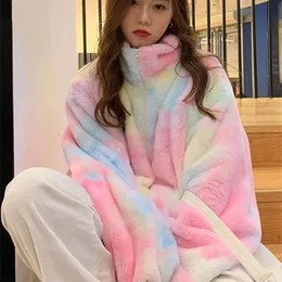 Womens Jackets Lautaro Winter Zip Up Colorful Rainbow Faux Fur Coat Women Oversized Warm Soft Kawaii Fluffy Jacket Tie Dye Korean Fashion 220926