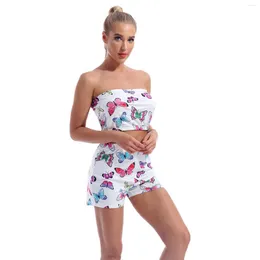 Women's Tracksuits Women Summer Butterfly Print Outfit Sweet Suit Active Wear Two Piece Set Tracksuit Strapless Tube Crop Top High Waist