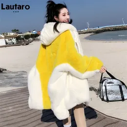 Womens Jackets Lautaro Winter Oversized Warm Yellow and White Faux Fur Coat Women with Hood Bat Sleeve Runway Stylish Loose Korean Fashion 220926