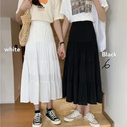 Kjolar vår sommarchiffong kjolar vintage hög midja elastisk lapptäcke vit svart chic lång kaka aline för student 220924