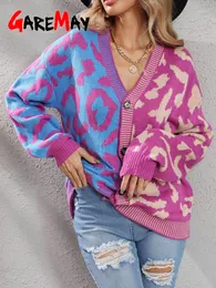 Autumn Winter Pink Leopard Print Cardigan Kvinnor Stickad tröja V-Neck Kvinna 2022 Lös knapprock varm Cardigan för kvinnor