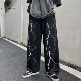 Men's Tracksuits Aolamegs Lightning Skeleton Print Gothic Pants Men Loose Casual Wide Leg Trousers High Street Cool Sweatpants Couple Streetwear 220926