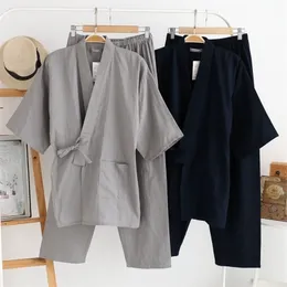 M￤ns Sleepwear Japanese Kimono Men's Spring and Summer Pyjamas Twopiece 100 Cotton Solid Color Simple Large Size Home Service Set Mens 220924