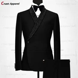 Mens Suits Blazers 럭셔리 공식적인 흑 웨딩 남자 정장 세트 슬림 한 신랑 턱시도 화이트 디자인 반짝이는 숄 라펠 블레이저 바지 2pcs 220927