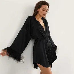 Casual Dresses Robes Satin Sexy Pajamas Feather Long Sleeve Pajamas Cardigan Shirt Lady Home Wear Dress 2022 Casual Solft Silk Black Bath Robe T220905