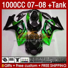 스즈키를위한 페어링 탱크 GSXR 1000 CC K7 GSXR-1000 GSXR1000 07 08 바디 158NO.60 1000CC GSX R1000 2007 2008 차체 GSX-R1000 2007-2008 풀 페어링 키트 녹색 검은 색