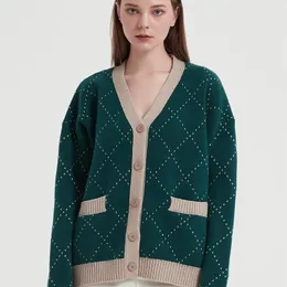 Kvinnors stickor Tees Wixra Kvinnor Single Breasted Argyle Long Sleeve Cardigan Autumn Winter Stylish Green Knitwear Pockets Sweater 220927