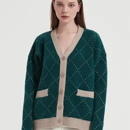 Kobiety Kobiety Kobiety Wixra Women Single Berged Argyle Long Rleeve Kardigan Autumn Winter Stylish Green Knitwear Pockets Sweter 220927