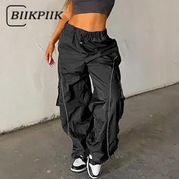 Kadın pantolon capris biikpiik gevşek kargo pantolon kadın egzersiz tulumu sportif rahat yan şerit çizim orta bel pantolon dokuma koşu pantolon t220926