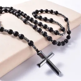 Hänge Halsband Natursten Frostad Svart Onyx Katolsk Kristus Rosenkrans Med Hematit Kors Män Halsband Meditationssmycken 220924