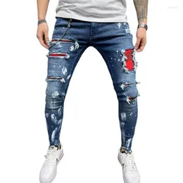 Herr jeans m￤n mode m￤n mager personlighet graffiti frayed r￶d lappt￤ck design smala lapp burrs vintage denim byxor