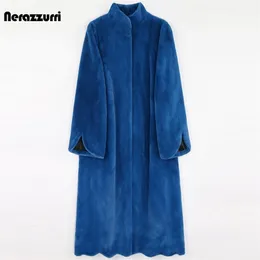 Kvinnors päls faux päls nerazzurri vinter lång blå varm tjock fluffig faux päls kvinnor kammussla en linje svart koreansk mode ytterkläder 5xl 6xl 7xl 220927