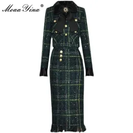 Lässige Kleider Moaayina Modedesigner Winter Plaid Tweed Röcke Anzug Damen Bogen Perlen Langarmjacke Quastel Rock 2 Stück Set 220923