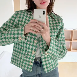 Women's Jackets Arrival Korean Chic Retro Summer Houndstooth Tweed Jacket Long Sleeve Sweet Coat Crop Tops Outerwear