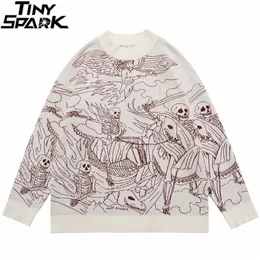 Erkek Sweaters Erkek Hip Hop Örme Kazak Sokak Giyim İnsan İskeleti Mektup Baskı Pullover Sonbahar Harajuku Pamuk Sıradan Kazak Siyah 220926