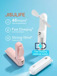 المعجبين Electric Jisulife Mini Fan Fan 4800mAh دائمة Silent Foldable USB قابلة لإعادة الشحن مع بنك الطاقة ووظيفة المصباح T220924