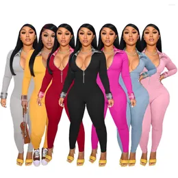 Women's Two Piece Pants Turn Down Collar Jumpsuit For Women Full Sleeve Zipper Rompers Skinny Solid Color Overalls Casual Outfit Fashion