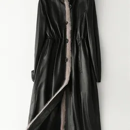 Damen-Leder-Kunstleder-Damenjacken Lautaro Winterlanger, warmer, dicker schwarzer Ledermantel für Damen mit Fell innen, elegante Luxus-Jacke mit Kunstfutter, Parka, modisch