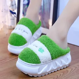 Slippers Green Leaf Thick Sole Furry Girls Indoor Flip Flop Winter Slides Fuzzy Woman Platform Home Shoes Warm 220928