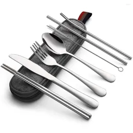 Flatware Sets 8Pcs Tableware Reusable Travel Cutlery Utensils Set With Stainless Steel Knife Fork Spoon Chopsticks Straw Portable Dinnerware