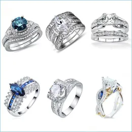 Anéis de casamento Vintage CZ Ring Sets 925 Sier Promise Jeia de noivado para Mulheres Tamanho 5 6 7 8 9 Entrega 2021 Lulubaby DHWGL