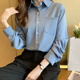 Women's Blouses 2022 Fashion Spring Retro Blouse Female Simple Temperament Lapel Blusa Slim Long-sleeved Shirt KK1703