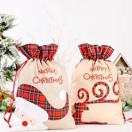 Linen Santa Çuval Noel Hediye Çantası Kırmızı Ekose Drawstring Tote Çanta Festivali Dekorasyon SN4177