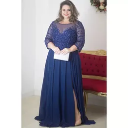 Arabisch Marineblau Sexy Brautkleider Perlen Sheer Neck Chiffon Mutter Bräutigam Günstige formelle Party Abendkleider