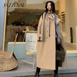 Trench Coats Jazzevar 2022 New Spring Autumn Women’s Fashion Street كبير الحجم X-Long Outerwearfemale ملابس فضفاضة معطف Khaki Trench Coat Y2209