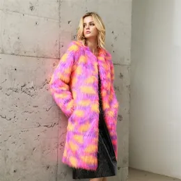 Женская меховая искусственная куртка многоцветная блестящая длинная рукава FORRURE FEMME Пушистый волосатый теплый фальшивый пальто Зимой верхняя часть верхней одежды 220927