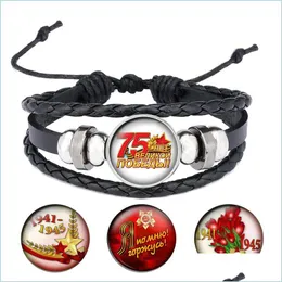 Charmarmband Great Patriotic War Victory Day Glass Cabochons Rope Armband Black Leather Snap Button Jewelry Men GiftsB057 Drop de Dhklj