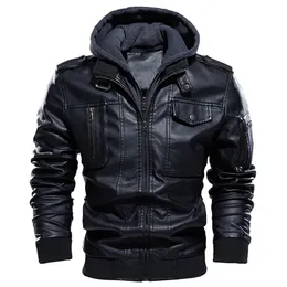 Men's Leather Faux Motorcycle Jacket Casual PU Jackets Man Winter Thick Warm Vintage Hooded Collar Club Bomber Coats 220927