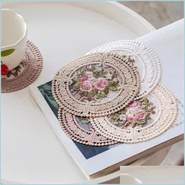 Mats Pads 12Cm French Vintage Lace Embroidered Tablecloth Retro Props Napkin Heat Insation Cup Pad Kitchen Coffee Tea Mat Drop Deliv Dhrkt