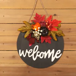 Halloween Wooden Front Door Sign Skull Pumpkin Realistic Maple Leaf Pendant Round Wreath Ornaments Porch Hanger Decor DH87