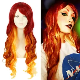 Starfire 27 дюймов длиной вьющиеся волнистые градиентные огненные парики Comply Ombre Cosplay Halloween Wigs
