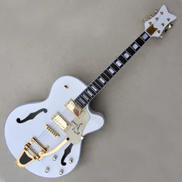 Guitarra elétrica branca oca de fábrica com hardware dourado Tremolo System Cream Pickguard Block Fret Inclay pode ser personalizado