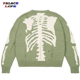 Men's Sweaters Men Oversized Sweater Green Loose Skeleton Bone Printing Woman High Quality High Street Damage Hole Vintage 1 1 Knitted Sweater 220928