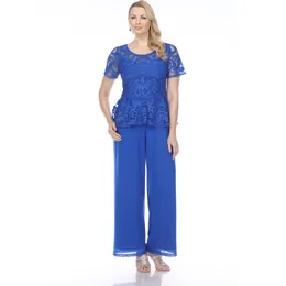 Królewskie Blue Lace Mothers Pant Suits Sheer Jewel Neck krótkie rękawy Weddna sukienka Plus Mother of Bride Sukienki