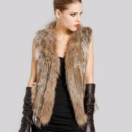 Womens Fur Faux Natural Rabbit Vest med tvättbjörnkrage Party Waistcoat Jackets Stickade Gilets Women Vest Colete de Pele Coelho 220927